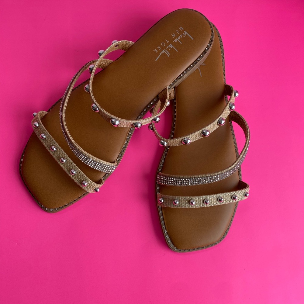 Nicole Miller Women's Sandals Studded Rhinestone Strappy Slides Size 9